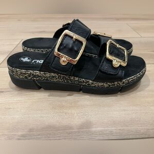 Rieker Black leather Sandals with Gold Accents- size 8